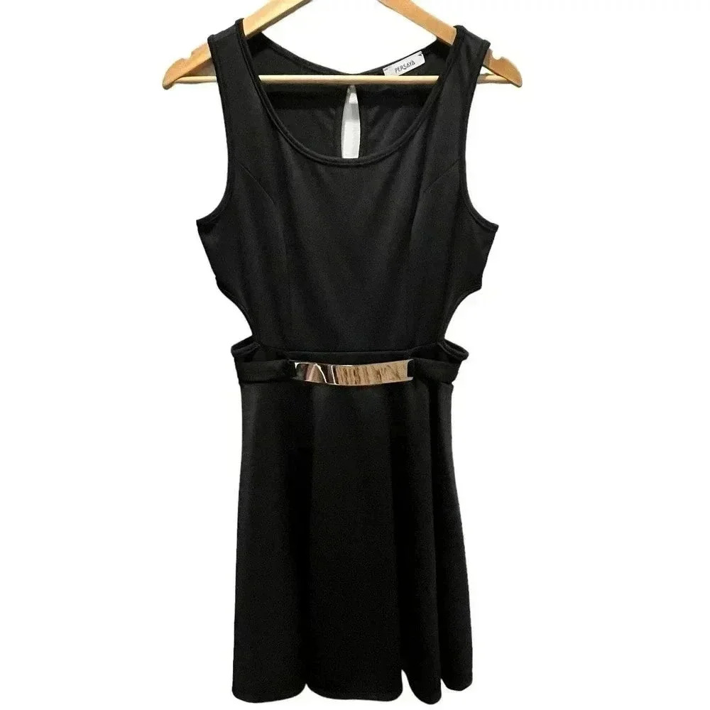 Persaya Black Sleeveless Side Cut-out Fit and Flare USA made Dress Medium